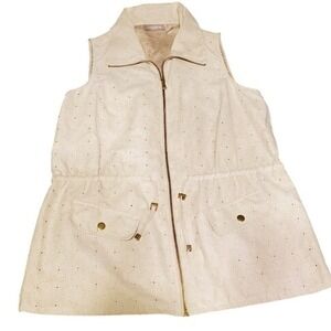 Chico's Cream Faux Suede Sleeveless Zip-Up Drawstring Vest Pattern Size: 1 (Med)
